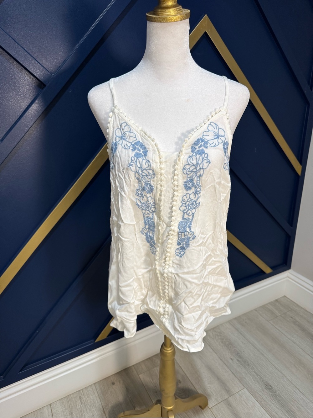 Women's Cream Embroidered Lace-Trim Camisole with Blue Floral Detail